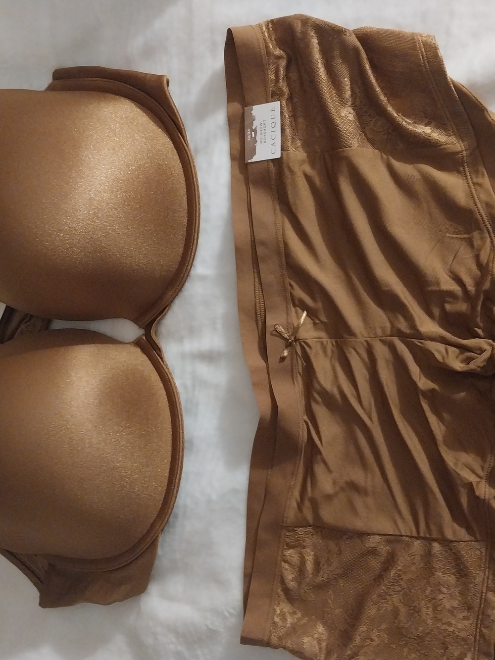 Cacique Shimmery Brown T-Shirt Bra and Lace-Trim Boyshorts - Picture 2 of 4